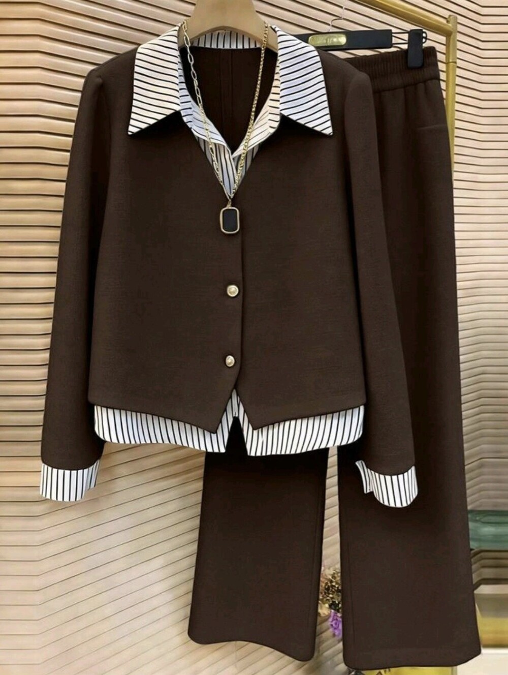 Women's New Striped Shirt & Wide Leg Pants 2 Pieces Set, Autumn/Winter Outfit